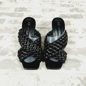 New Anne Klein Black Solid Braided Slide On Mule Block Heel Sandals  C483